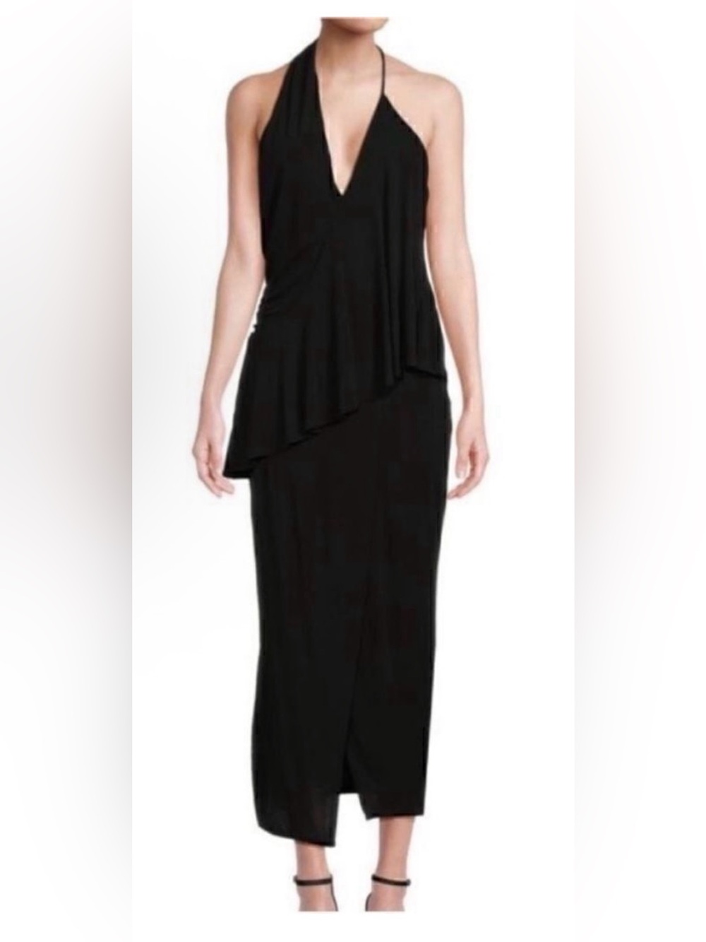 Reiss Black Halter V-Neck Asymmetric Maxi Dress